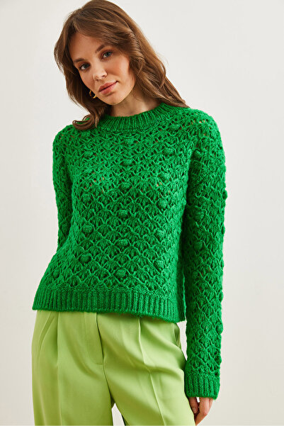 Olalook Green Soft Textured Openwork Knitwear Sweater - Pompom Detail Kzk- 19000935