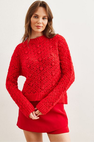Olalook Women's Red Openwork Pompom Soft Textured Knitwear Sweater Kzk- 19000935