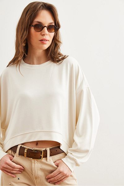Olalook Premium Ecru Modal Button Oversize Women's Sweatshirt - Swt- 19000713