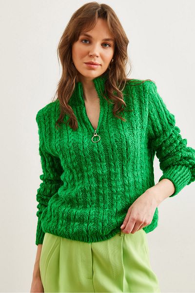 Olalook Women's Green Zippered Hair Braided Soft Textured Knitwear Sweater Kzk- 19000937