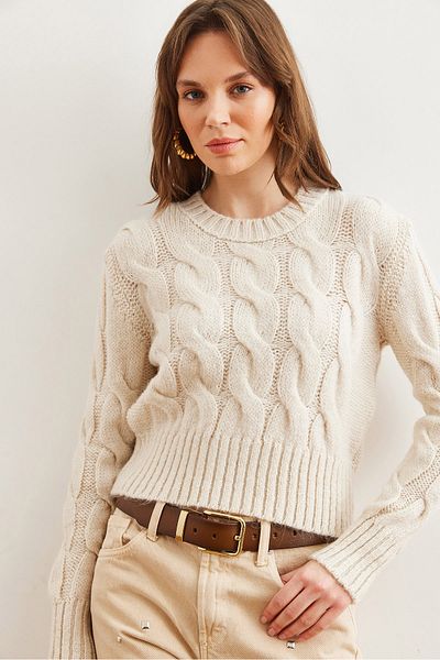 Olalook Women's Ecru Thick Hair Braided Knitwear Sweater Kzk- 19000939