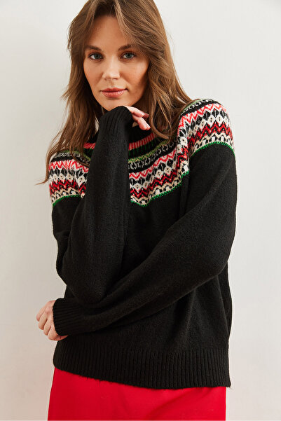 Olalook Women's Black Collar Patterned Soft Textured Knitwear Sweater Kzk- 19000846