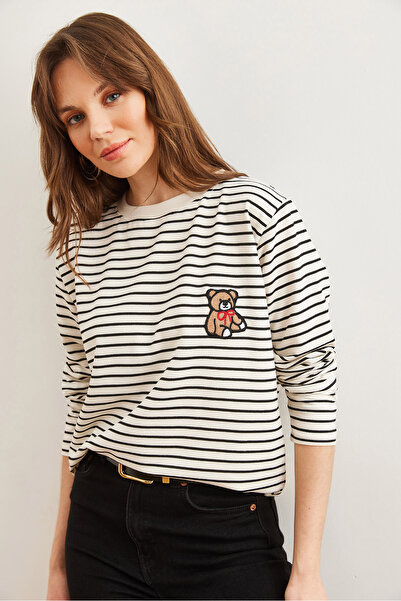 Olalook Γυναικείο μαύρο ριγέ αρκουδάκι απλικέ ριγέ μακρυμάνικο χοντρό μπλουζάκι TSH- 19000828