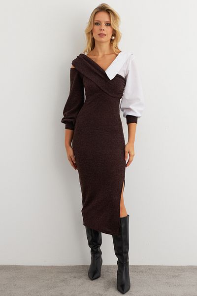 Cool & Sexy Rochie maxi cu guler asimetric din țesătură Bitter-Coffee pentru femei KED4469