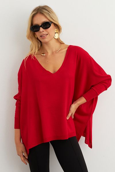 Cool & Sexy Rote lockere Damenbluse mit V-Ausschnitt YV304