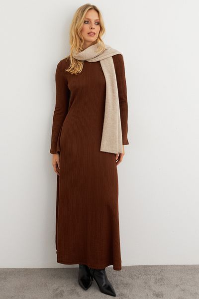 Cool & Modest Καφέ Maxi Γυναικείο Φόρεμα - Basic Model MTF30