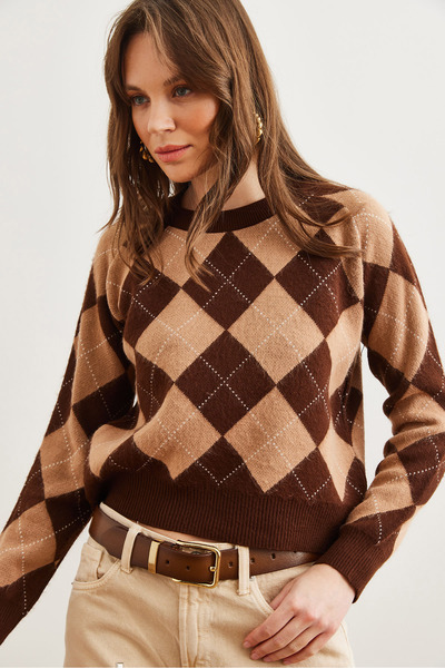 Olalook Pulover de damă Bitter Brown cu model Argyle Rose Gold KZK- 19000933