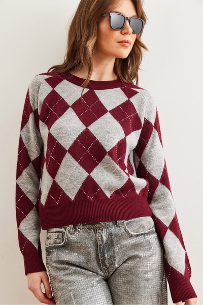 Olalook Pulover de damă din tricotaje cu model de diamante bordeaux KZK- 19000933