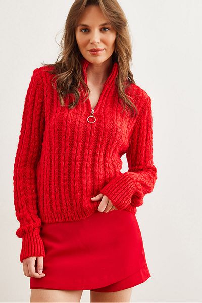Olalook Women's Red Zippered Hair Braided Soft Textured Knitwear Sweater Kzk- 19000937