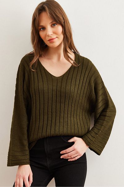 Olalook Women's Khaki V-Neck Thick Ribbed Knitwear Sweater Kzk- 19000925