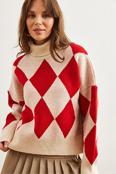 Olalook Women's Red Turtleneck Diamond Pattern Oversize Knitwear Sweater Kzk- 19000941