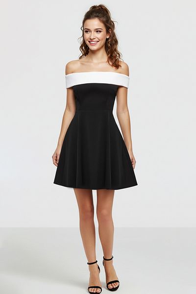Trendyol Collection Ασπρόμαυρο υφαντό φόρεμα με γιακά Carmen - Γάμος/Γάμος/Βραδιά/Αποφοίτηση