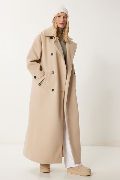 Happiness İstanbul Women's Cream Shirt Collar Epaulette Stamp Coat Fn03398
