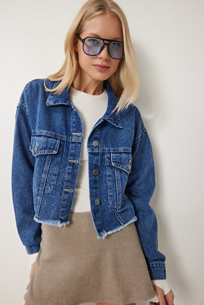 Happiness İstanbul Kadın Mavi Püskül Detaylı Denim Crop Ceket AN00214