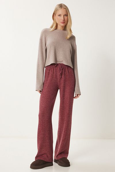 Happiness İstanbul Burgunderfarbene, weiche Strickhose für Damen – UB00295