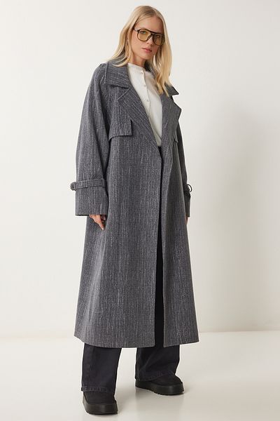 Happiness İstanbul Anthrazitfarbener Premium-Oversize-Kaschmirmantel für Damen FN03420