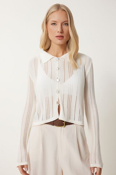 Happiness İstanbul Ecrufarbene, leicht transparente Sommer-Strickjacke mit Polokragen für Damen MT00151
