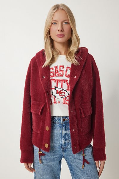 Happiness İstanbul Weiche, strukturierte Strickjacke für Damen in Burgunderrot mit Kapuze PF00109