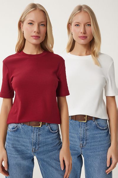 Happiness İstanbul Damen-T-Shirts in Burgunderrot, Weiß, 2er-Pack, Baumwolle, Basic-Strick-T-Shirt AG00002