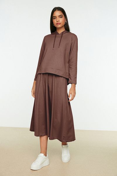 Trendyol Modest Brown Sweatshirt and Skirt Set with Hood - Tctaw22Us0027