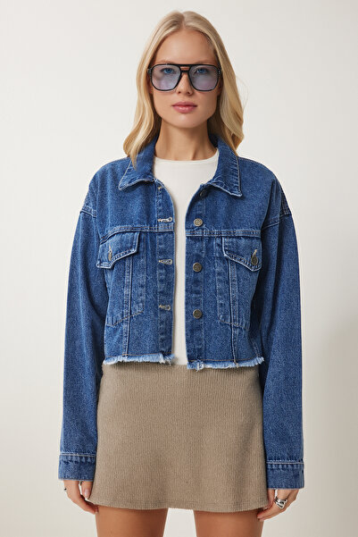 Happiness İstanbul Kadın Mavi Püskül Detaylı Denim Crop Ceket AN00214