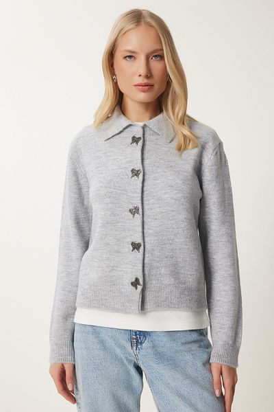 Happiness İstanbul Women's Gray Stylish Bow Button Soft Knitwear Cardigan Dp00233