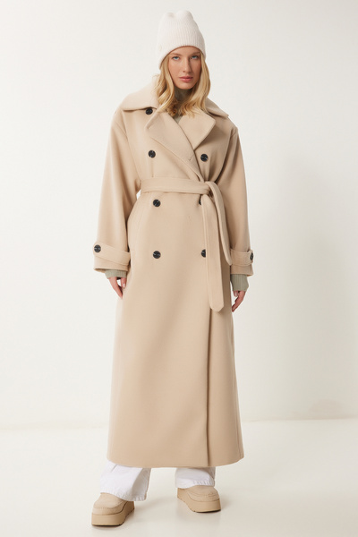 Happiness İstanbul Dámský krémový košilový límec Epaulette Stamp Coat Fn03398