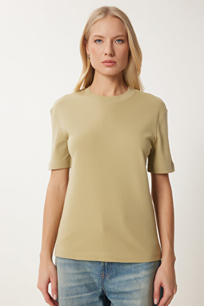 Happiness İstanbul Hellgrünes Basic-Strick-T-Shirt für Damen aus Baumwolle AG00001