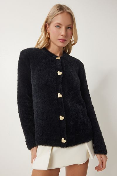 Happiness İstanbul Women's Black Stylish Heart Buttoned Bearded Soft Knitwear Cardigan Cr00442