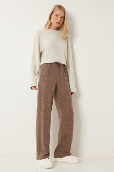 Happiness İstanbul Γυναικείο πλεκτό παντελόνι καφέ Soft - UB00295