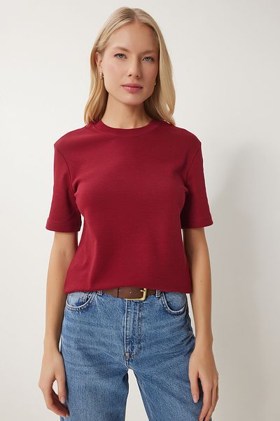 Happiness İstanbul Damen-T-Shirts in Burgunderrot, Weiß, 2er-Pack, Baumwolle, Basic-Strick-T-Shirt AG00002