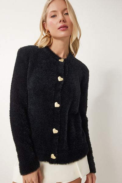 Happiness İstanbul Women's Black Stylish Heart Buttoned Bearded Soft Knitwear Cardigan Cr00442