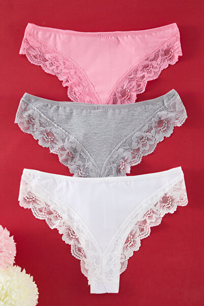 Trendyol Collection Pachet de 3 chiloți din dantelă din bumbac gri-alb-roz - THMSS25KU00004