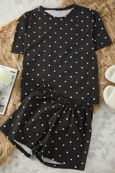 Trendyol Collection Anthrazitfarbenes, gestricktes Pyjama-Set aus 100 % Baumwolle mit Shorts mit Punkten und Herzen THMSS21PT1485