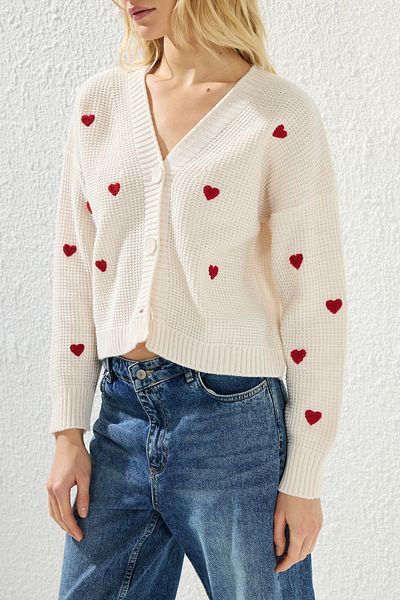 Edit by Trendyol V-Neck Embroidered Heart Patterned Knitwear Cardigan - Tedaw25Hi00034