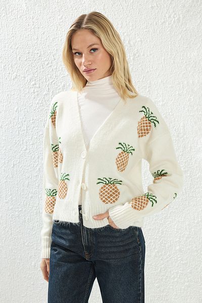 Trendyol Collection Ecru V-Neck Pineapple Print Soft Knitwear Cardigan - Twoaw25Hi00377