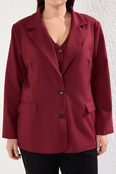 Trendyol Curve Burgundy Lined Oversize/Loose Fit Blazer Woven Plus Size Fabric Jacket Tbbaw25Ag00019