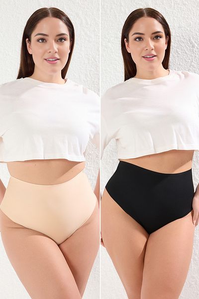 Trendyol Curve Black-Skin 2er-Pack Erholungs-/Korsett-Effekt, hohe Taille, rutschfest, Plus-Size-Höschen TBBAW25CM00001