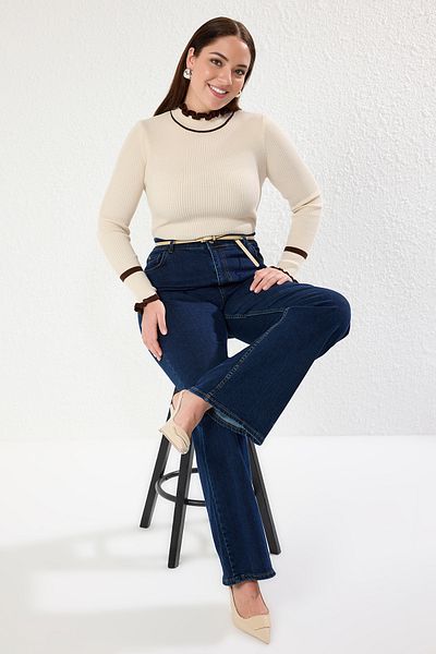 Trendyol Curve Stone Stand Collar Stripe Detailed Thin Knitwear Sweater Tbbaw25An00061