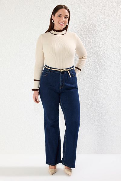 Trendyol Curve Stone Stand Collar Stripe Detailed Thin Knitwear Sweater Tbbaw25An00061