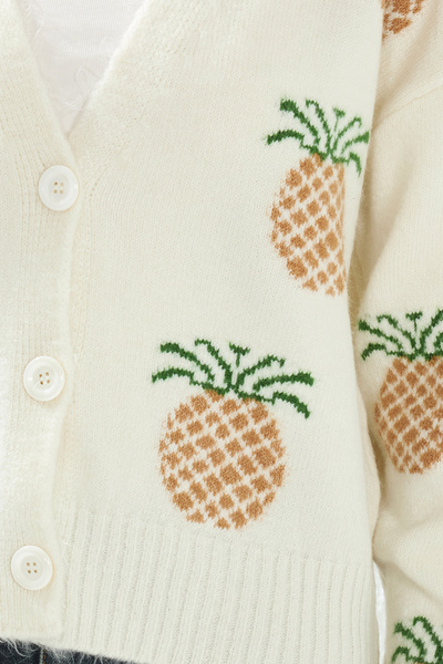 Trendyol Collection Ecru V-Neck Pineapple Print Soft Knitwear Cardigan - Twoaw25Hi00377