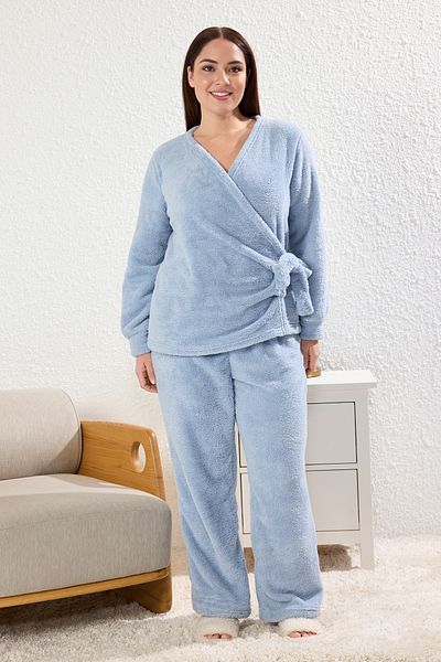 Trendyol Curve Light Blue Double-Breasted Knitted Pajama Set - Wellsoft/Plush