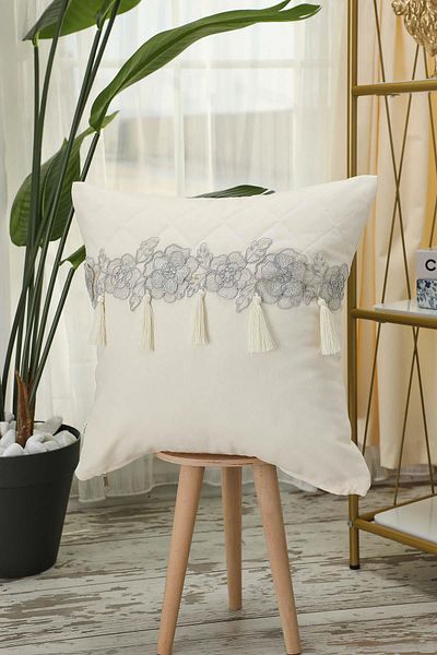 Aisha's Design 45X45 cm Square Throw Pillow Cover with Glitter Flower Motif and Tassel - K-437