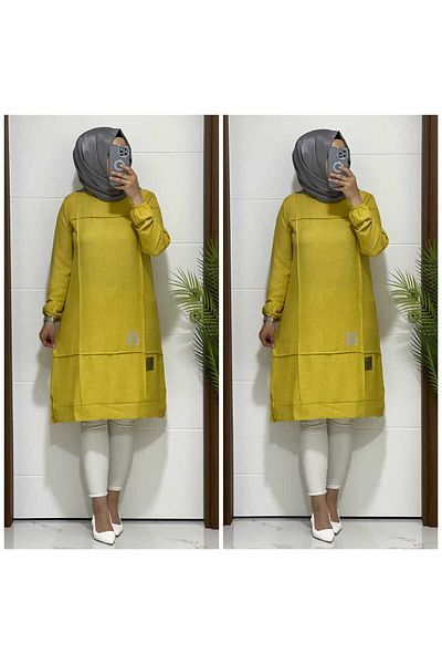 modasura 2025 K40 Mustard Linen Tunic - Square Stone Printed