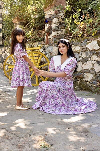 KÜÇÜĞÜM BUTİK Yakalı Pembe Pastel Çiçekli Balon Kol Kloş Anne Kız Kombini (Tekli Satılmaktadır)