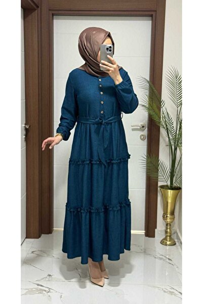 modasura 8855 K75 PETROL FIRFIRLI DÜĞMELİ  YENİ SEZON  ELBİSE