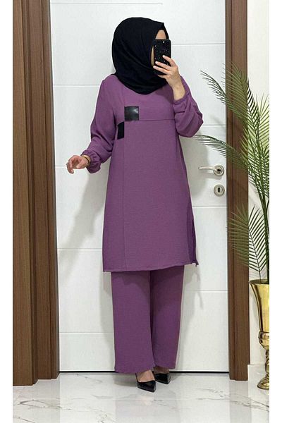 modasura LILA 1045 K 65 - Leather Detailed Tunic and Trousers Curved Set - Linen Fabric, Large Size, New Season