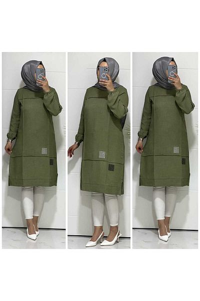 modasura 2025 K30 KHAKI SQUARE STONE PRINTED LINEN TUNIC