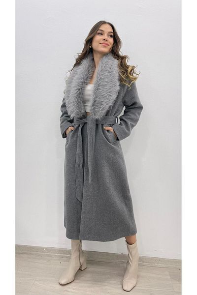 MODA Women's Gray Fur Detailed Long Bushed Coat