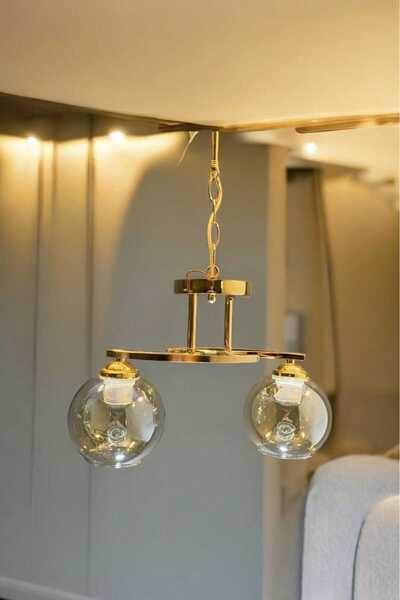 ayışığı Modern Tasarım Gold Metal Gövde 2 Li Bal Camlı Avize